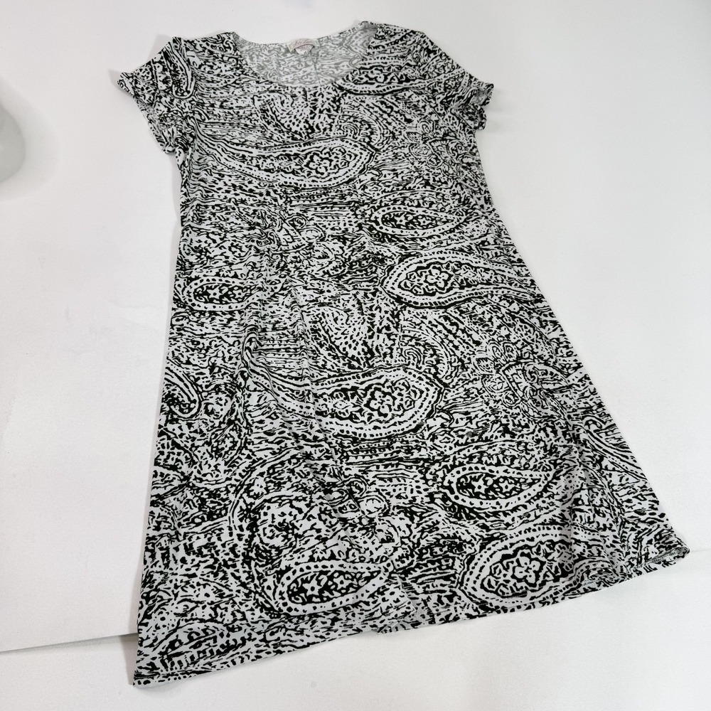 My Lane Dress Womens Medium Black White Paisley Print Short Sleeve Made USA - Picture 1 of 8